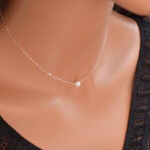 Dainty Floating White Pearl Choker Necklace in Sterling Silver